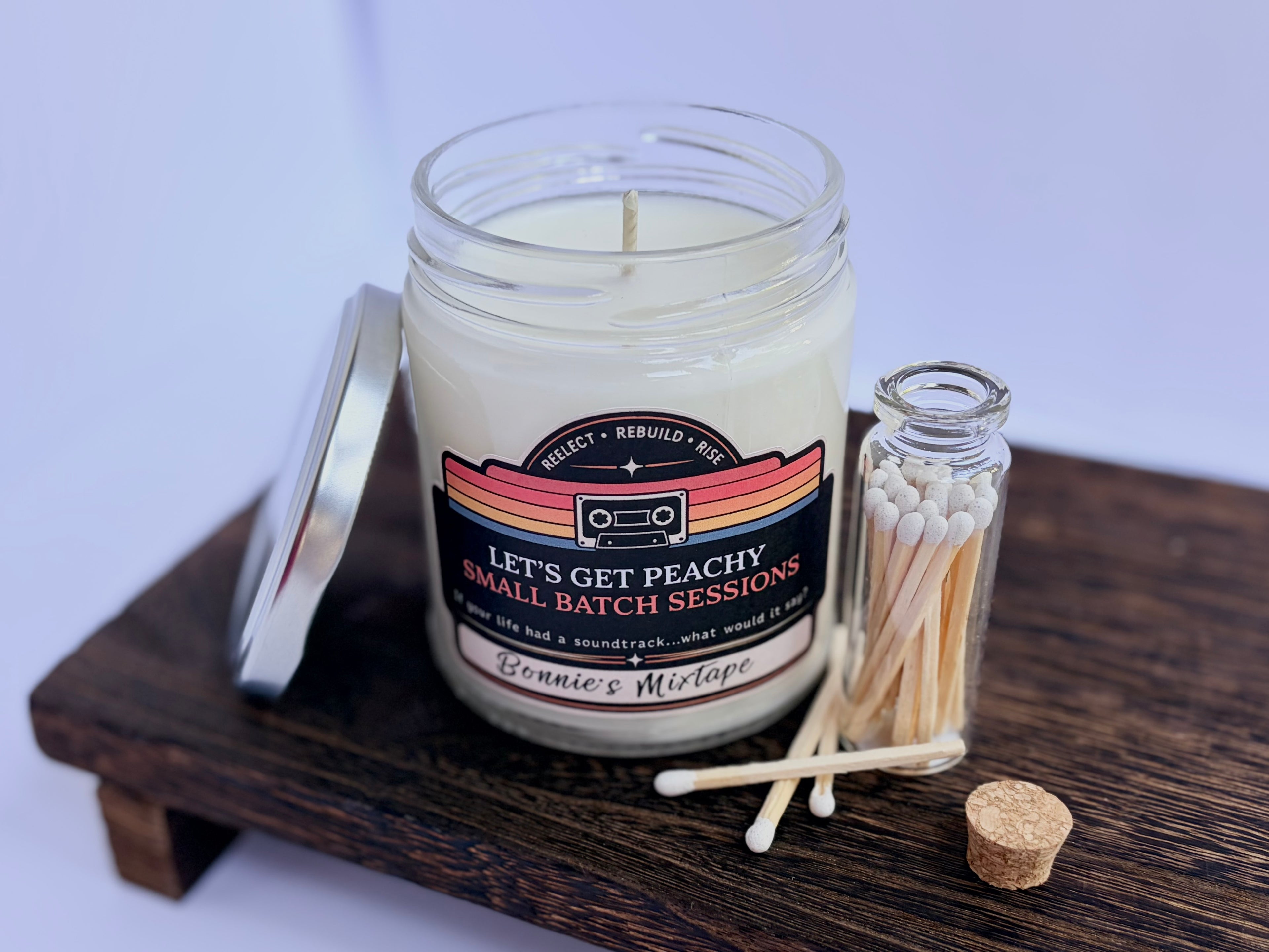 Let’s Get Peachy 7 oz. 100% Soy Wax Candle paired with matches